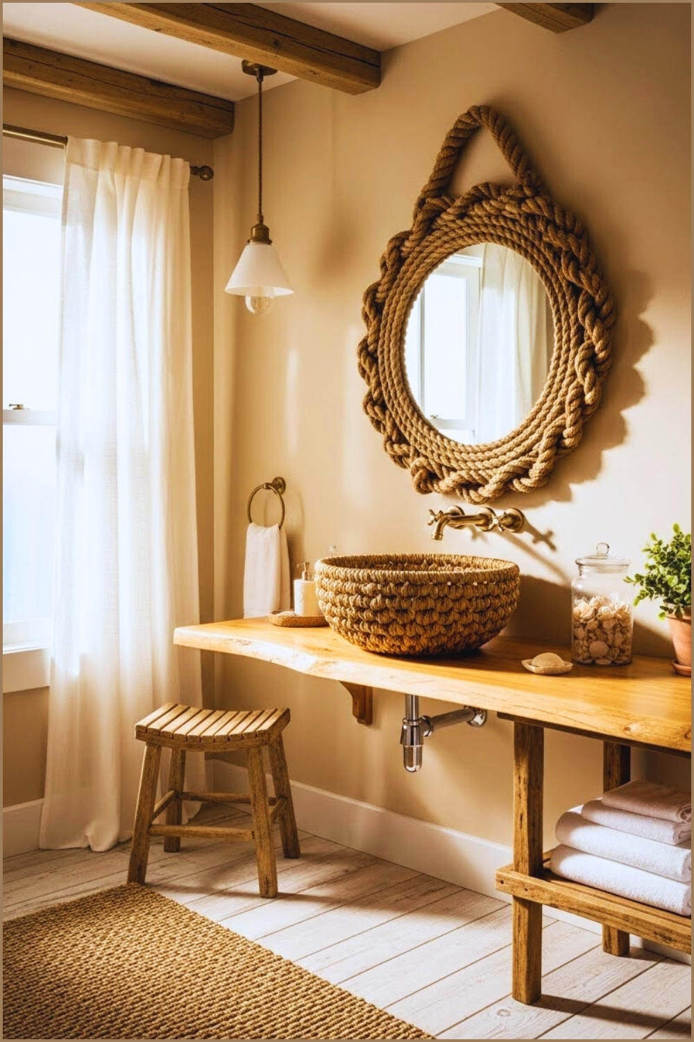 Cozy Coastal Bathroom Featuring A Woven Vessel Sink