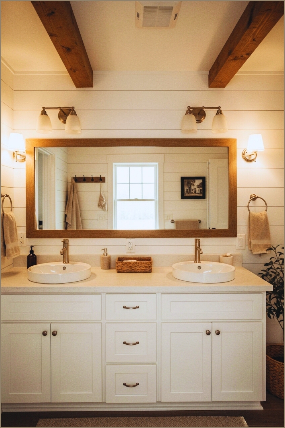 Cozy Cottage Bathroom Interior, Double Vanity With White Cabinets