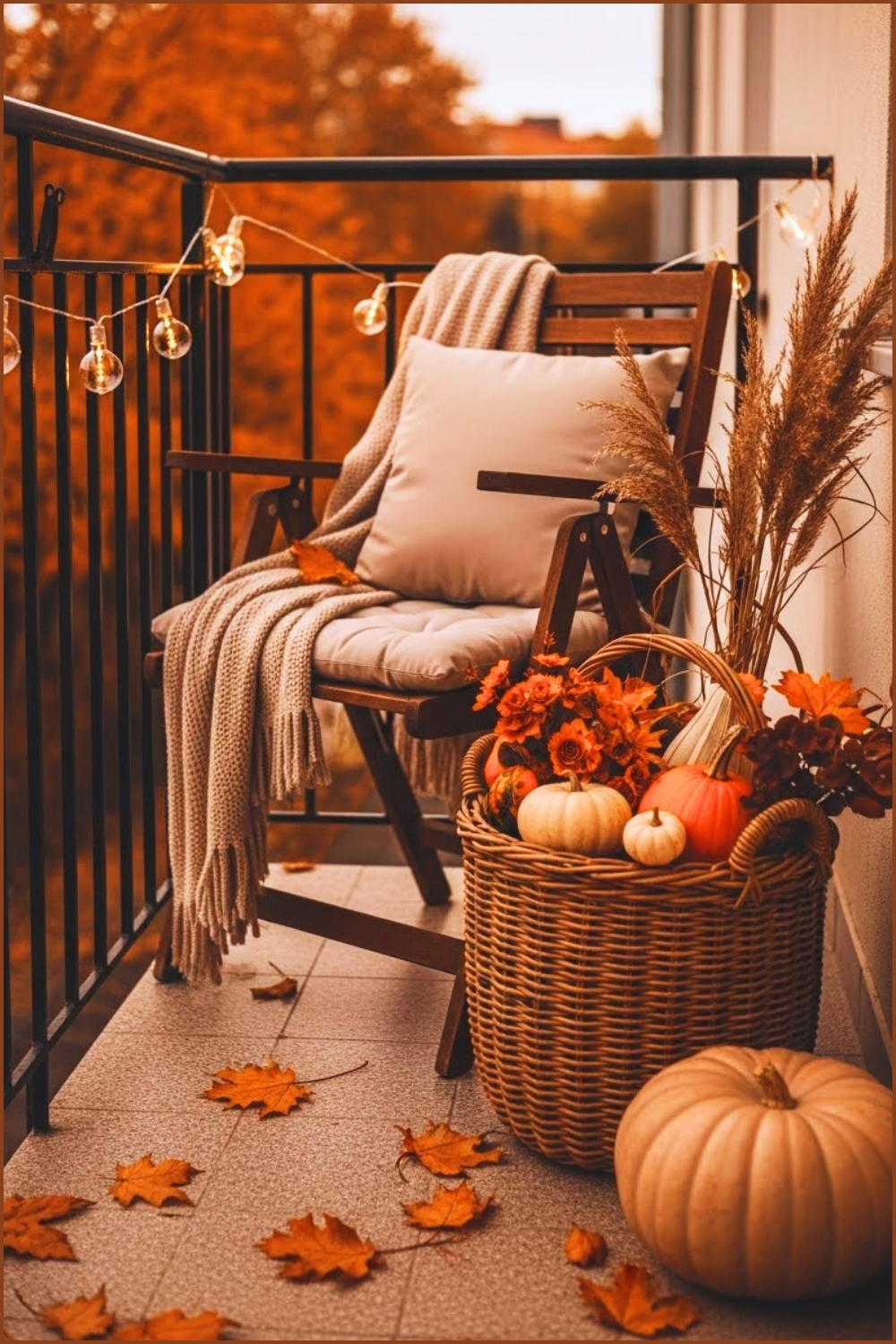 Cozy Fall Balcony Decorated With A Wooden