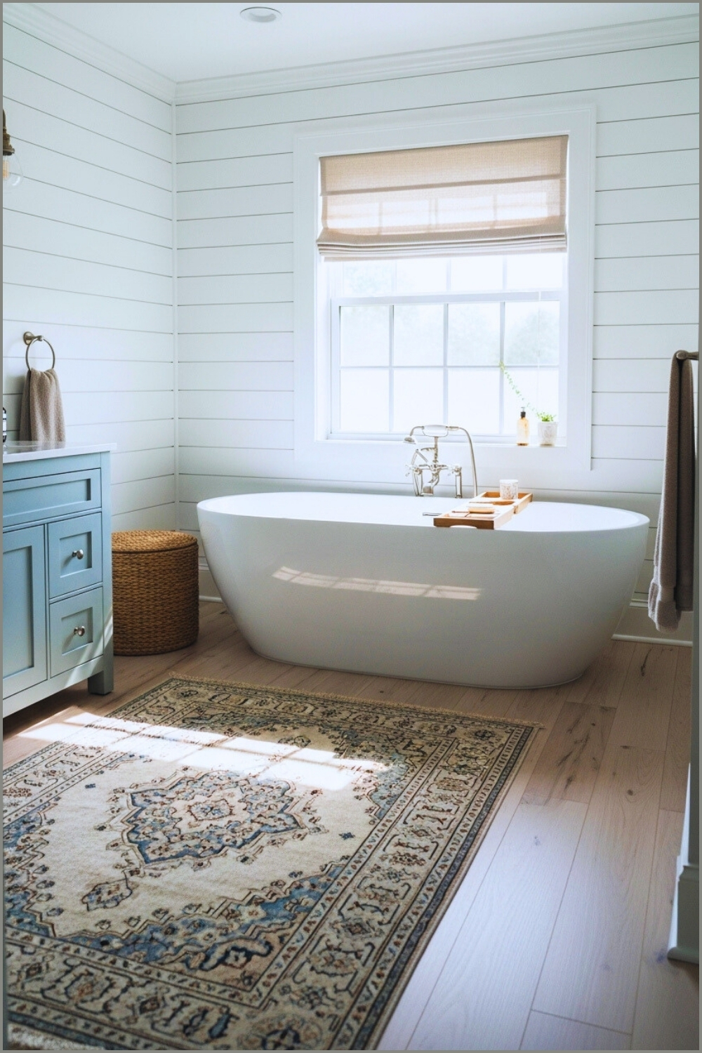 Cozy Farmhouse Bathroom, Freestanding White Bathtub Under Window