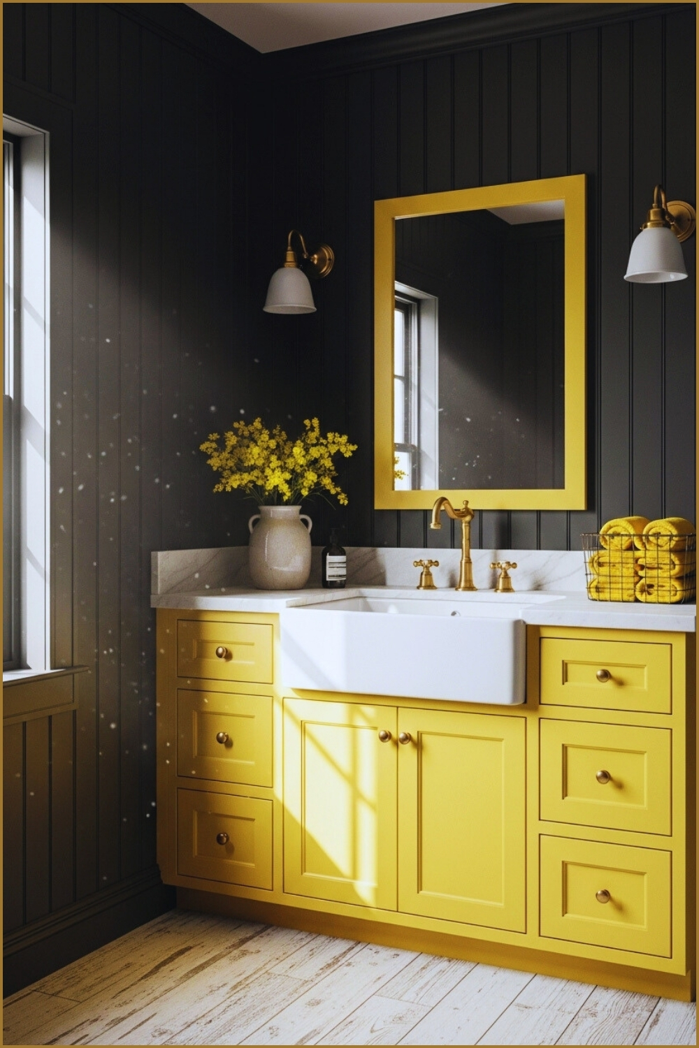 Cozy Farmhouse Bathroom With Deep Charcoal Panel Walls