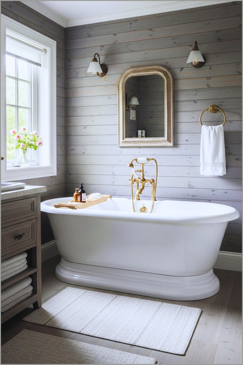 Cozy Farmhouse Bathroom With Gray-washed Wood Panel Walls