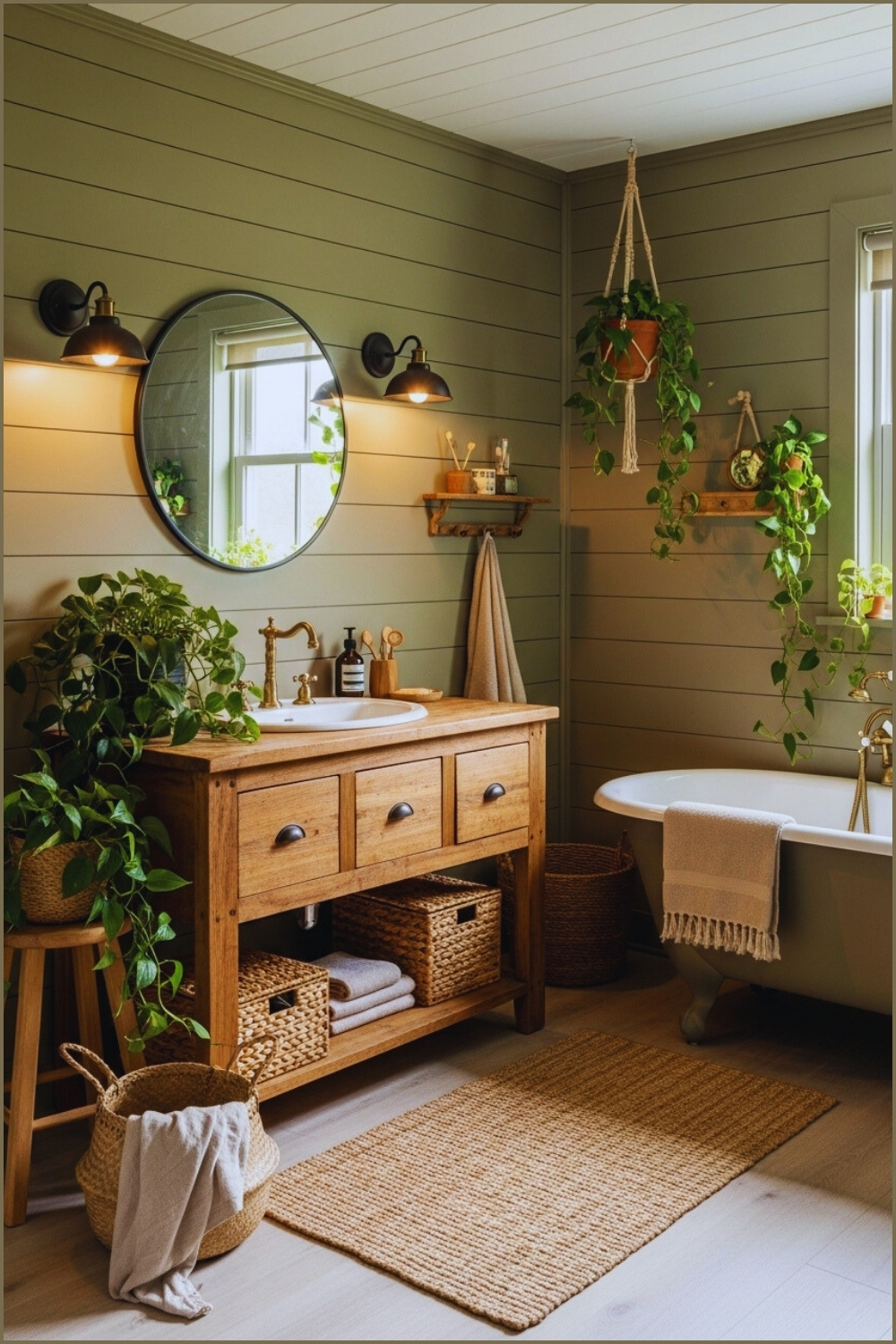 Cozy Farmhouse Bathroom With Olive Green Shiplap Walls