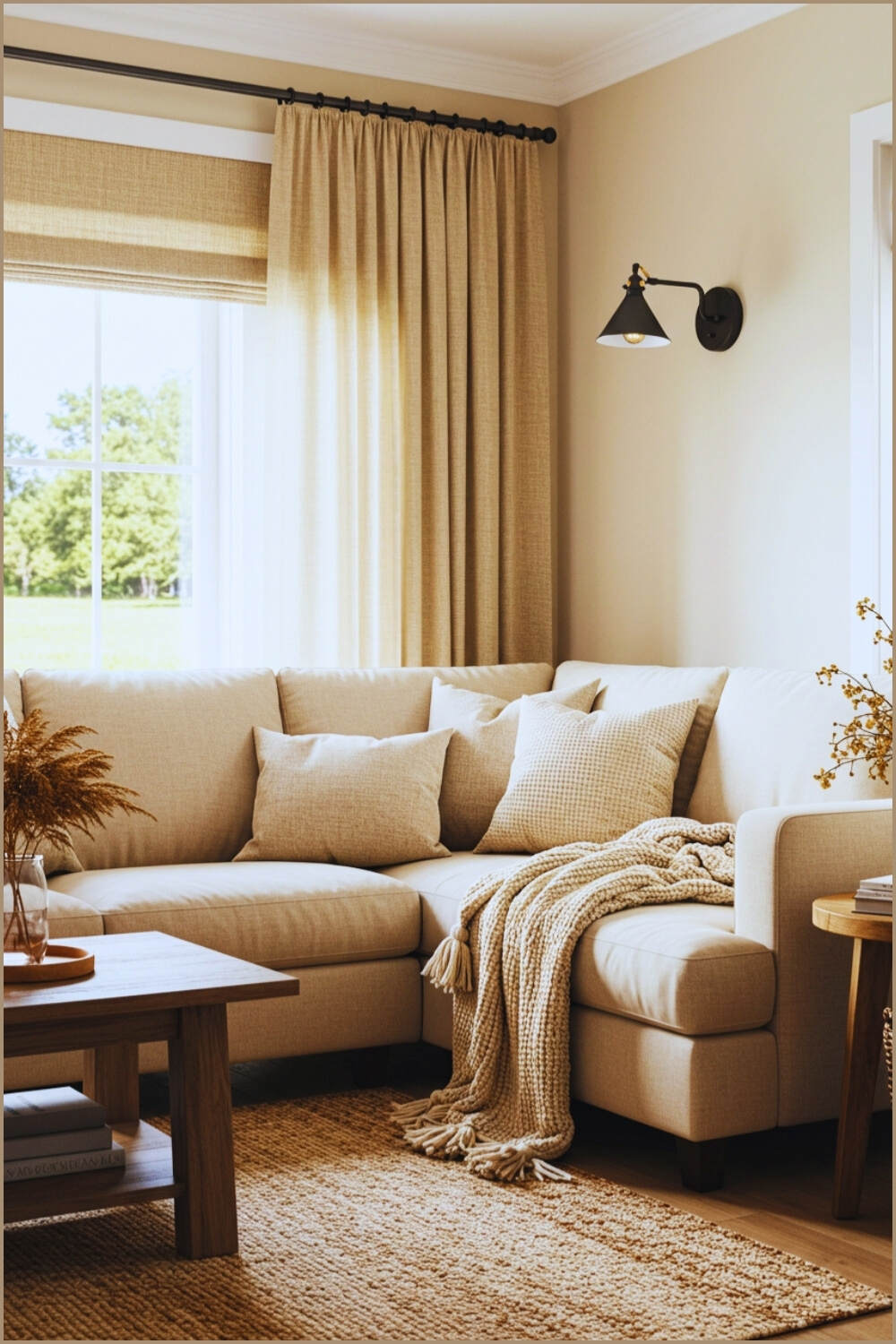 Cozy Farmhouse Living Room Corner Beige Sofa