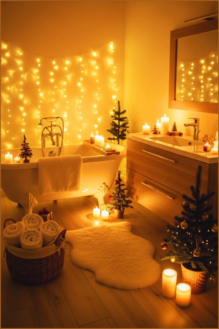 Cozy Festive Bathroom Interior With Glowing String Fairy Lights
