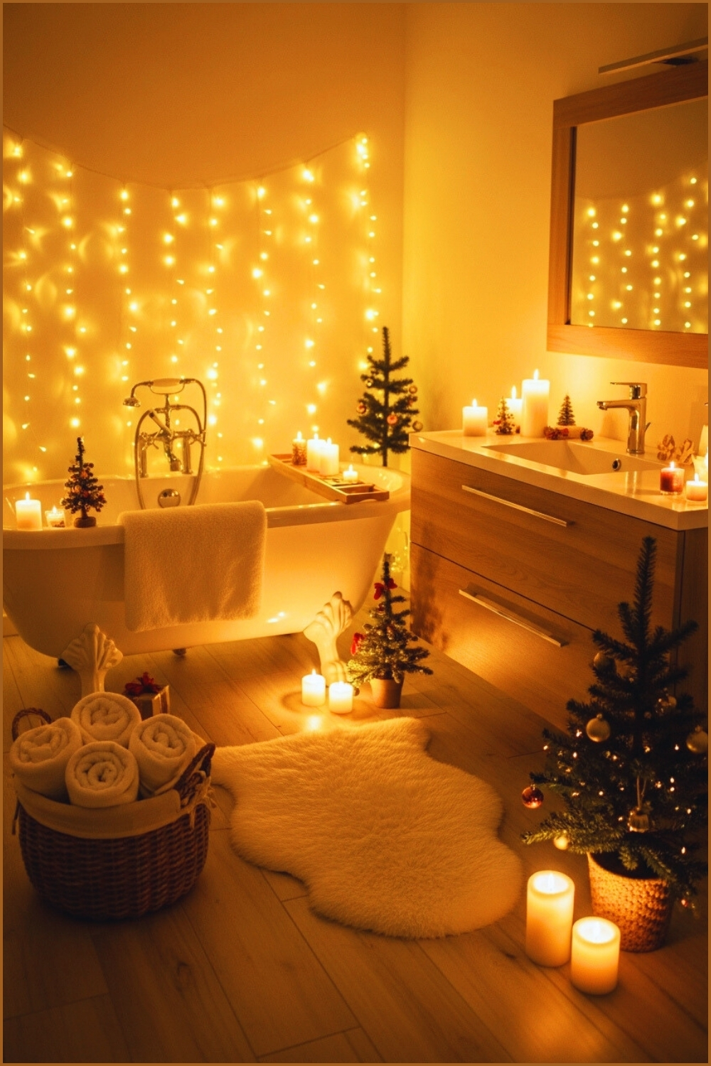 Cozy Festive Bathroom Interior With Glowing String Fairy Lights
