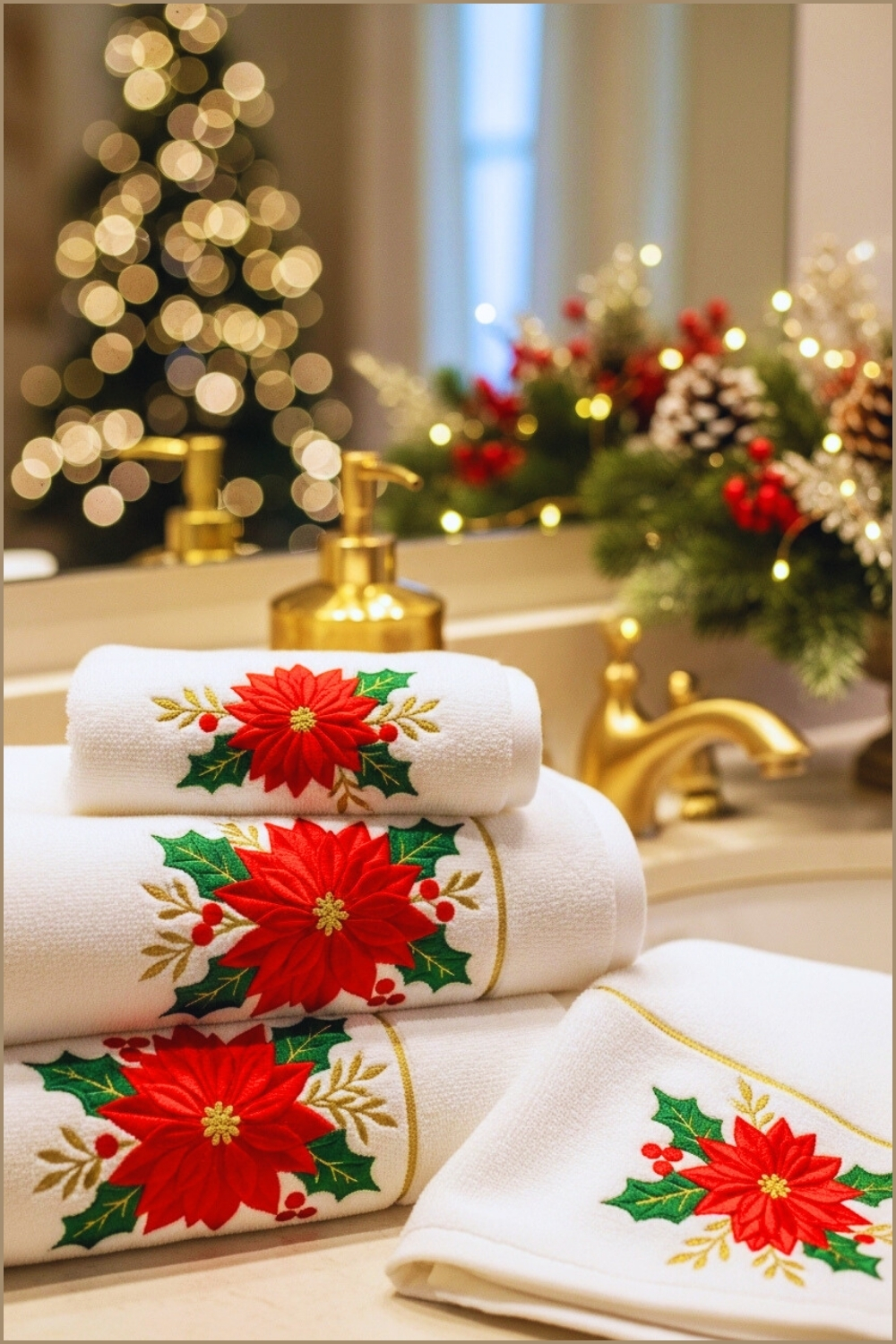 Cozy Festive Bathroom Scene With Stacked White Towels