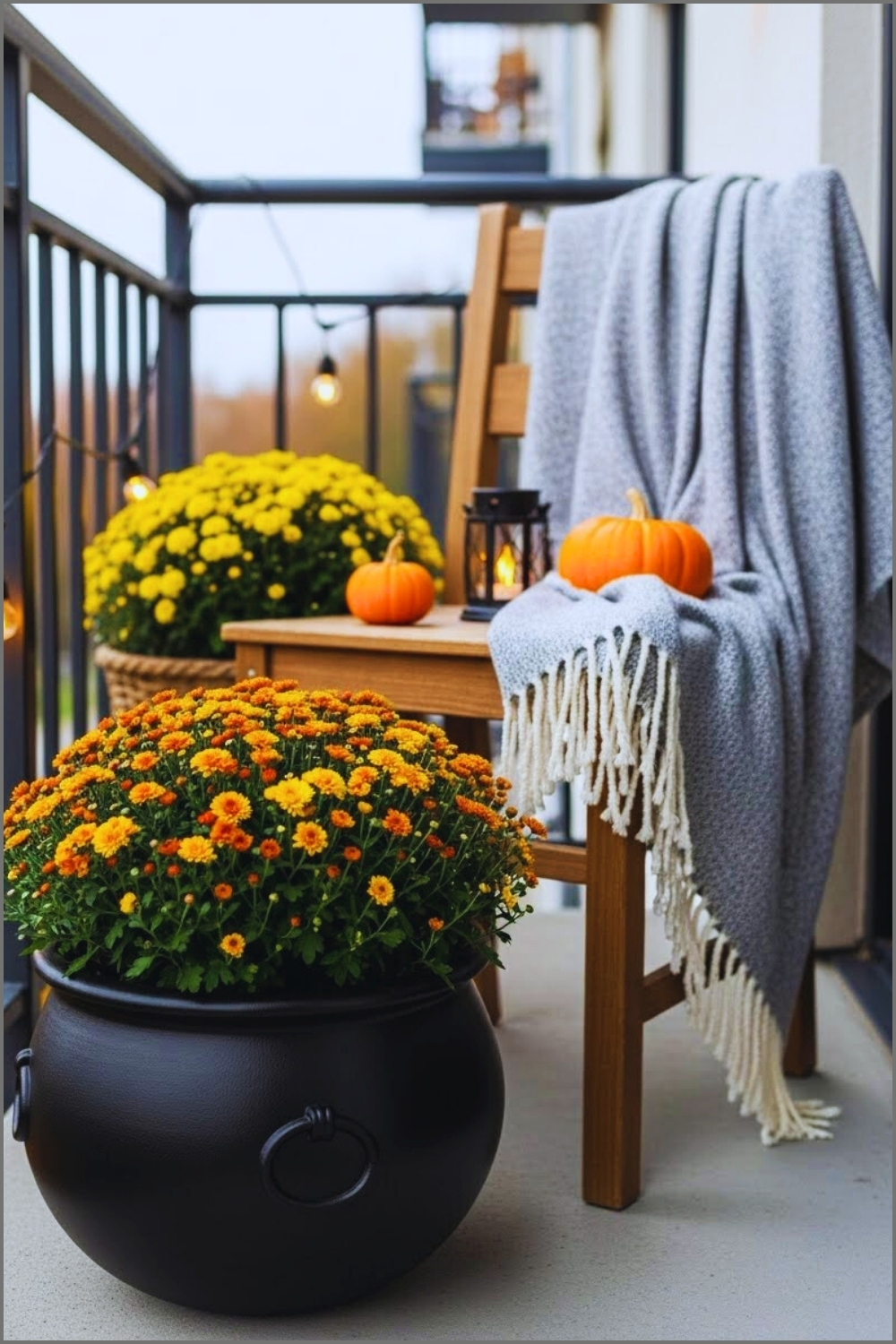 Cozy Halloween Balcony Scene With A Black Cauldron