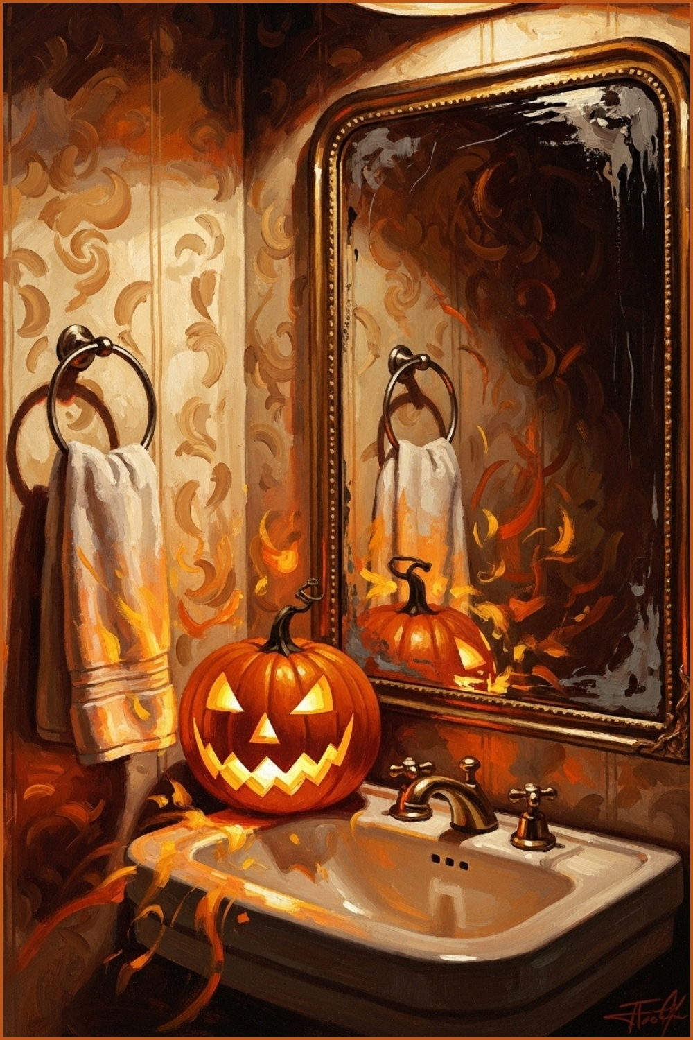 Cozy Halloween Bathroom Scene With A Glowing
