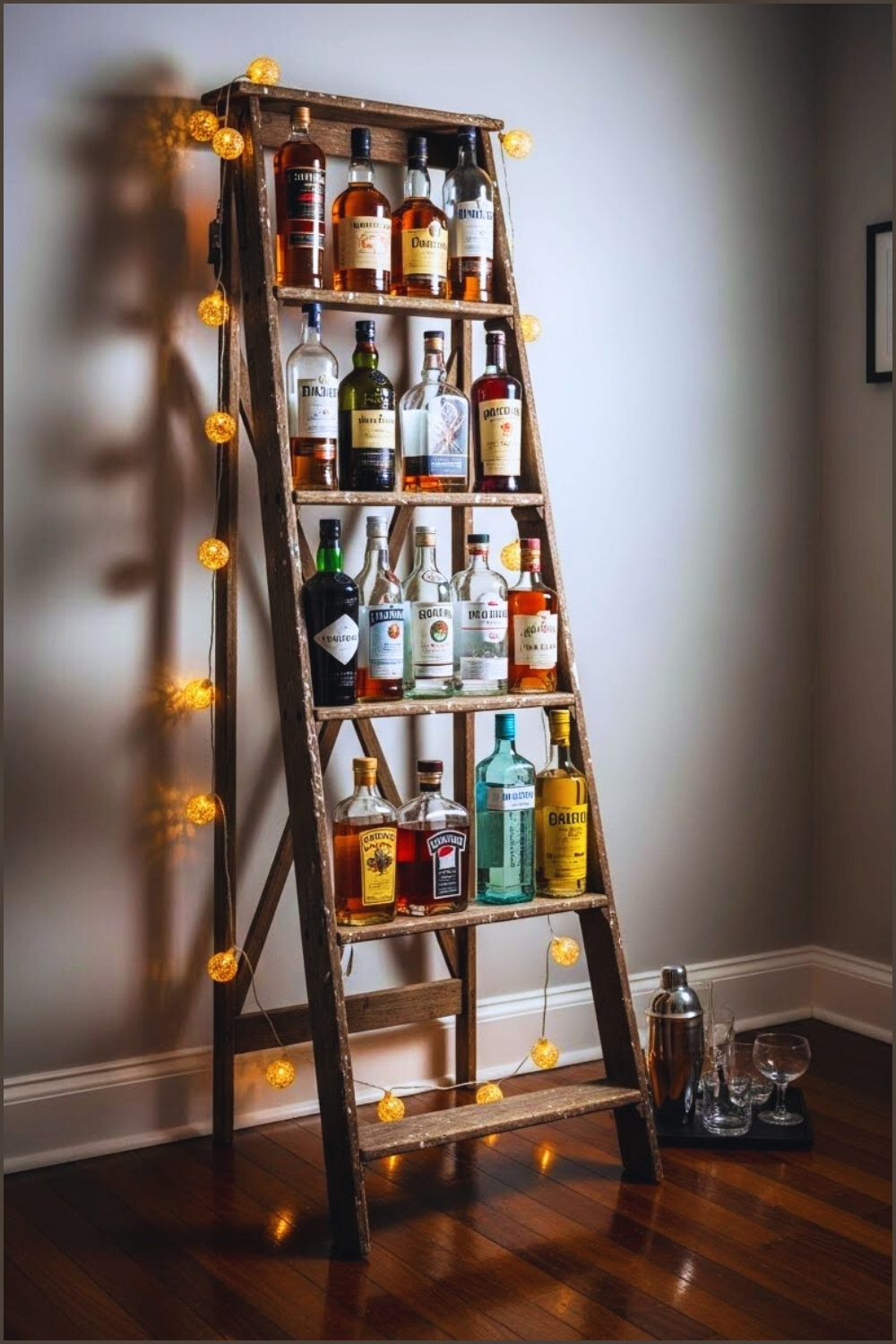 Cozy Home Bar Setup Using A Repurposed Wooden Ladder Shelf