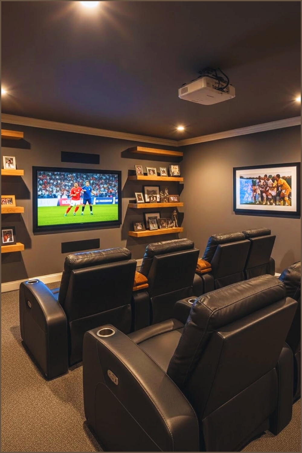 Cozy Masculine Home Theater Room Dark Gray Walls