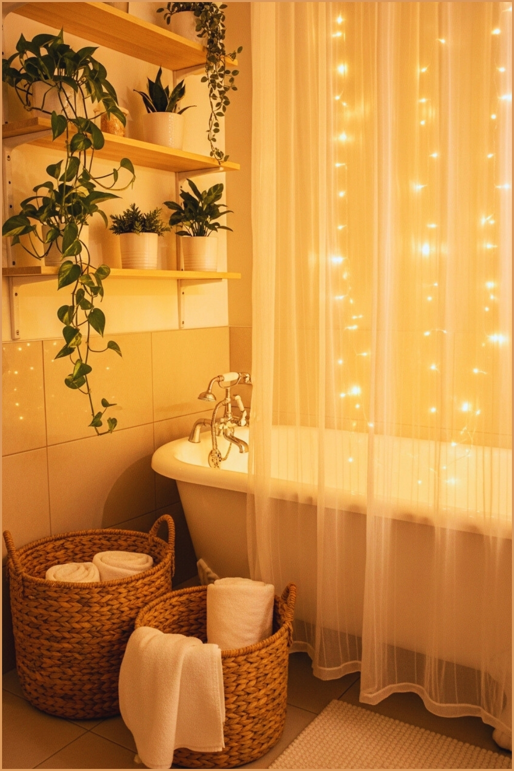 Cozy Minimalist Bathroom With A White Tub, Warm Fairy Lights