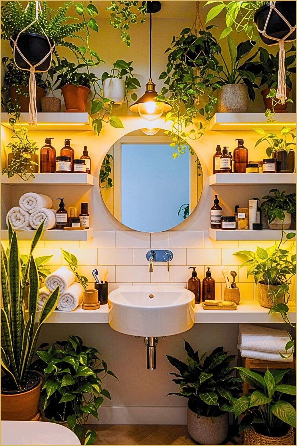 Cozy Modern Bathroom Filled With Lush Indoor Plants White Floating