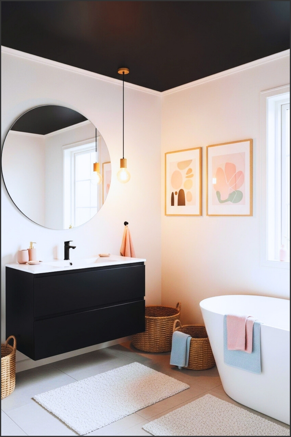 Cozy Modern Bathroom With Black Ceiling, White Walls, Black Vanity