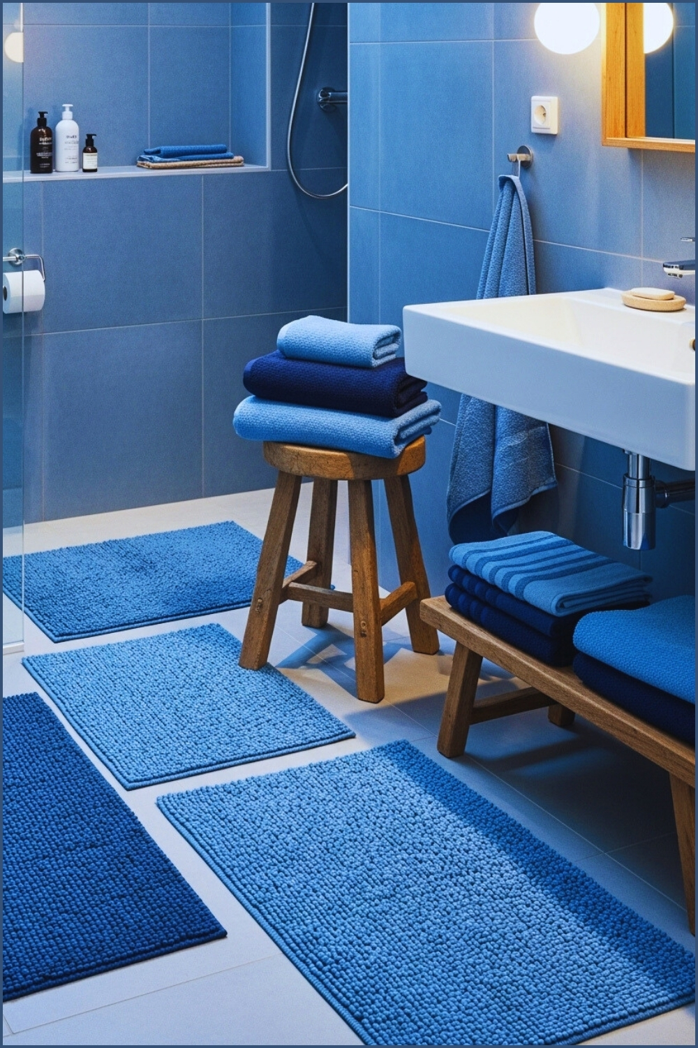 Cozy Modern Bathroom With Blue Tile Walls, Multiple Blue Textured