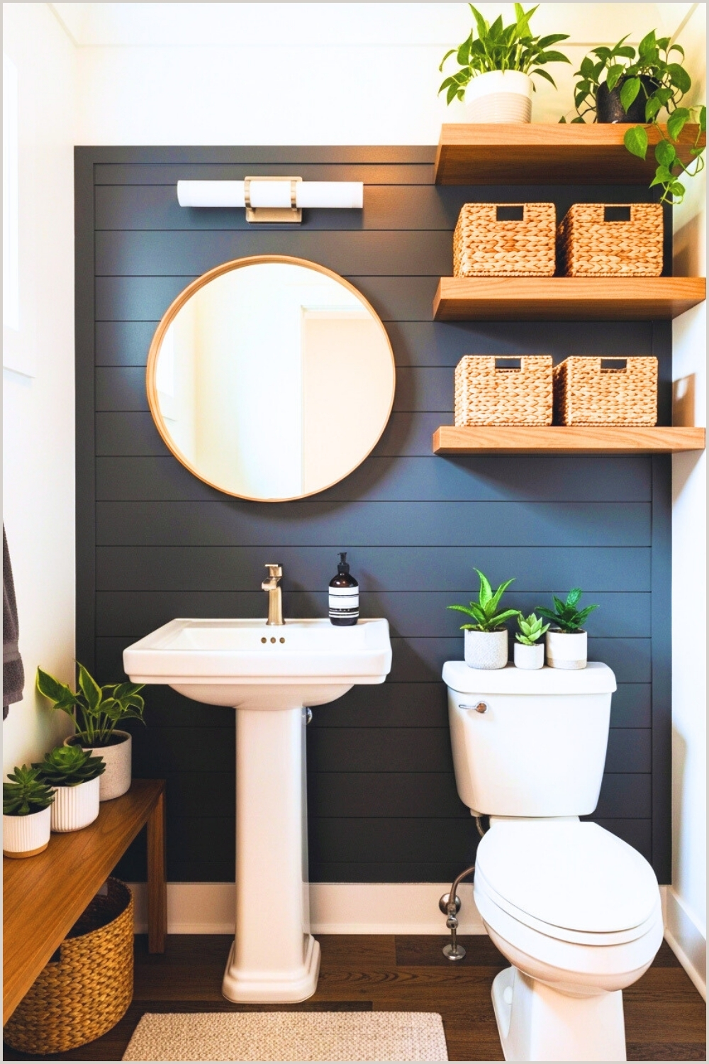 Cozy Modern Powder Room With Matte Charcoal Shiplap Walls