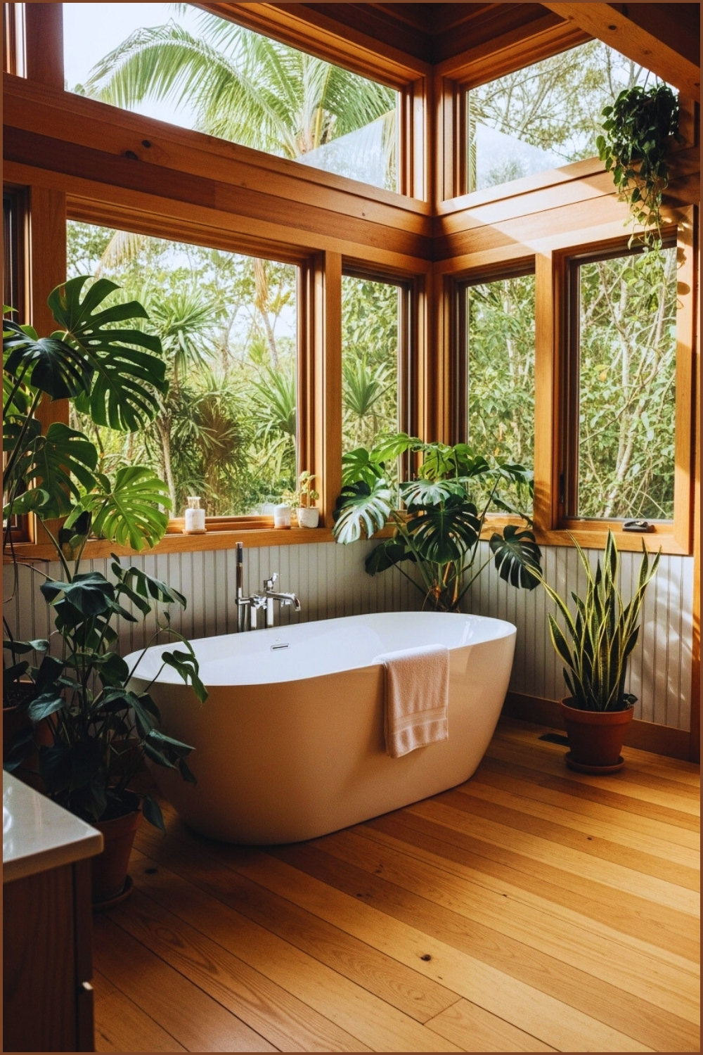 Cozy Modern Wooden Bathroom With Multiple Large Windows