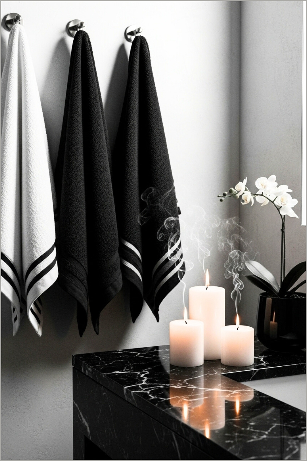 Cozy Monochrome Bathroom Scene With White And Black Towels Hanging