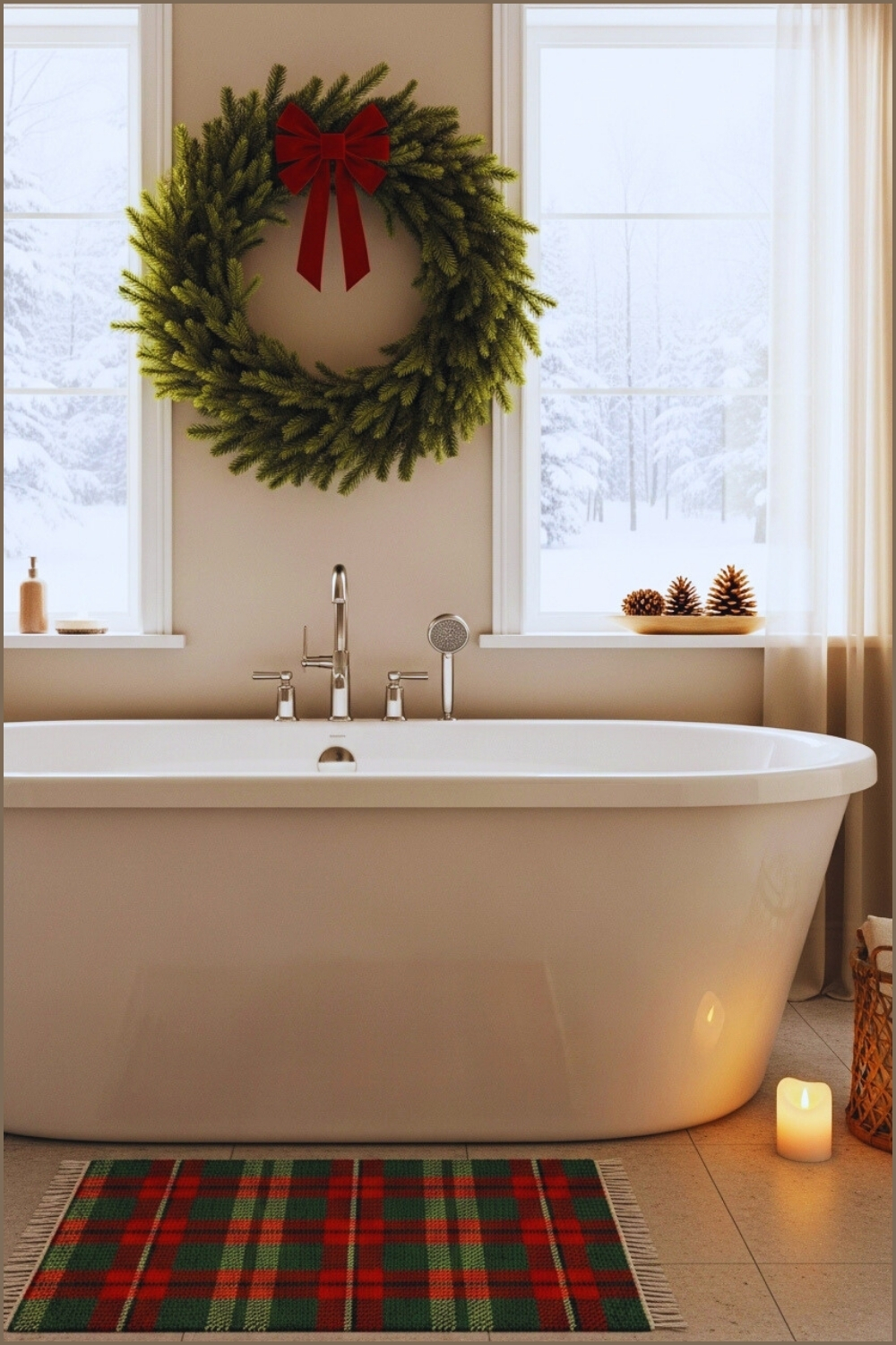 Cozy Neutral Bathroom With Freestanding White Bathtub
