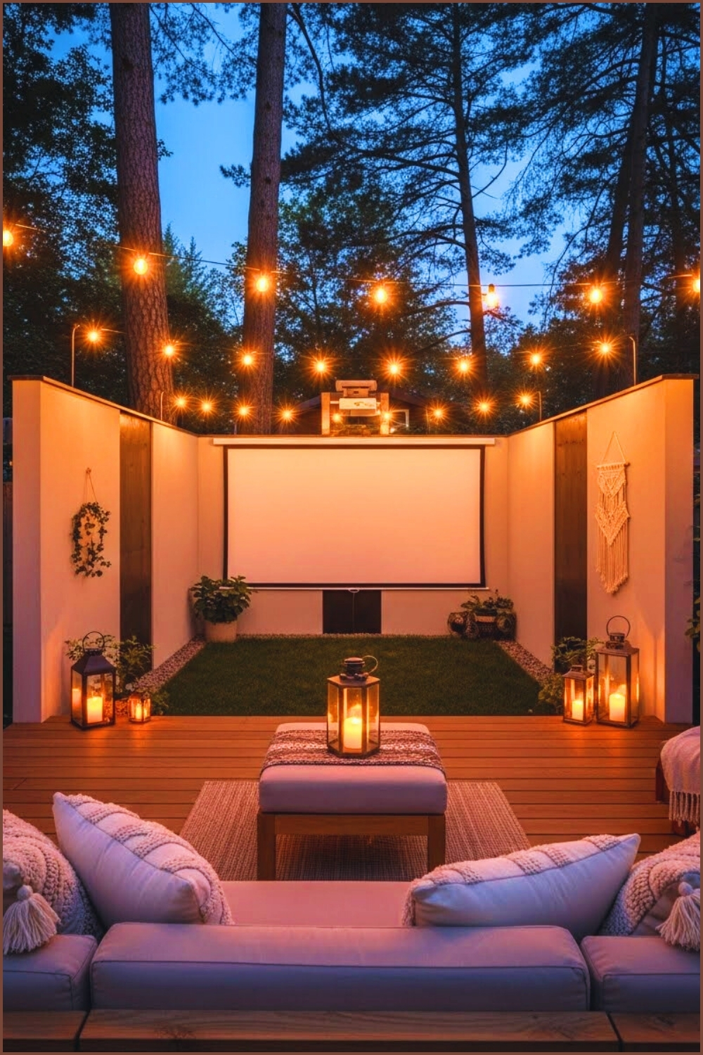 Cozy Outdoor Backyard Movie Theater At Dusk White