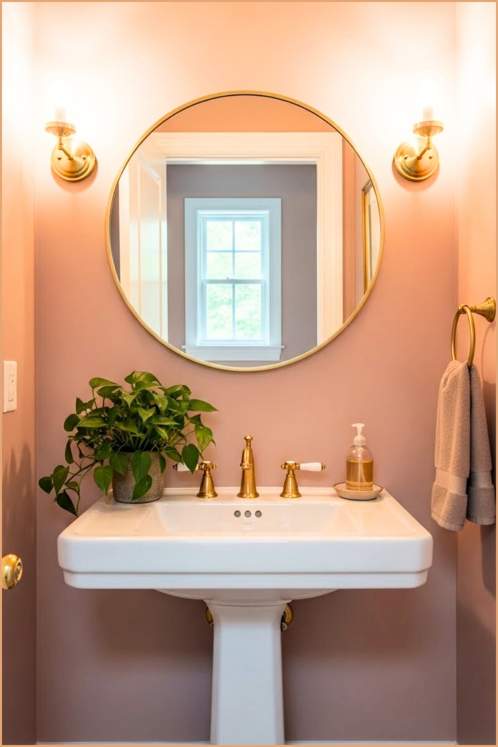 Cozy Powder Room In Warm Blush Pink Walls, Pedestal Sink