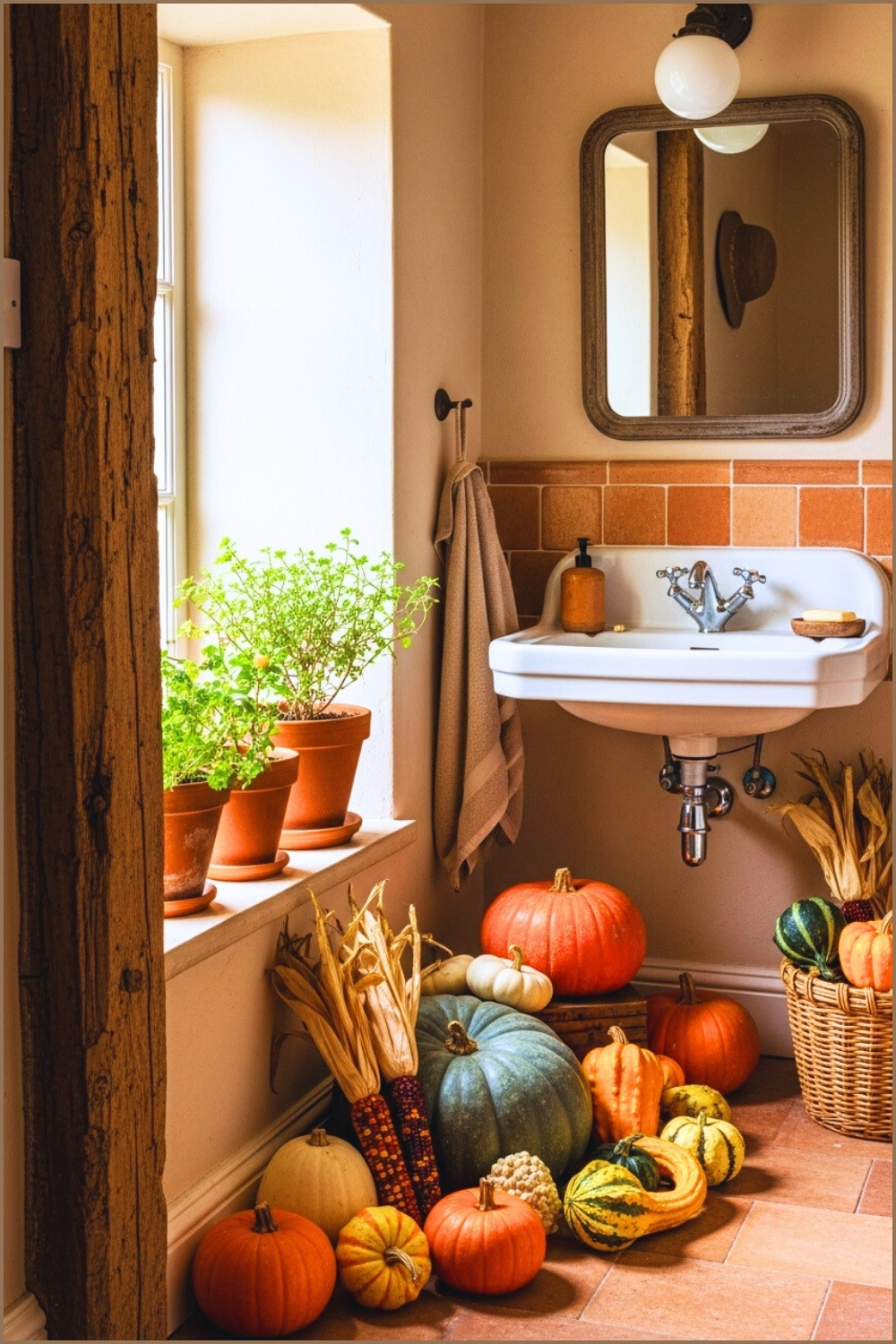 Cozy Rustic Bathroom Corner Decorated For Autumn