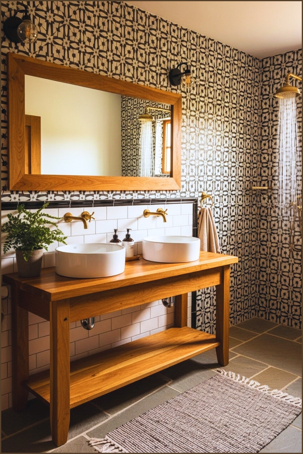 Cozy Rustic Bathroom Interior With Patterned Black And White