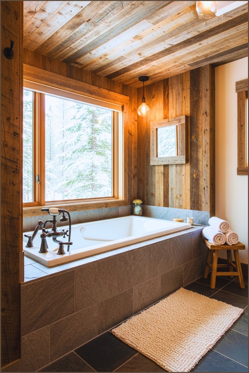 Cozy Rustic Bathroom, Reclaimed Wood Ceiling, Reclaimed Wood Accent Walls