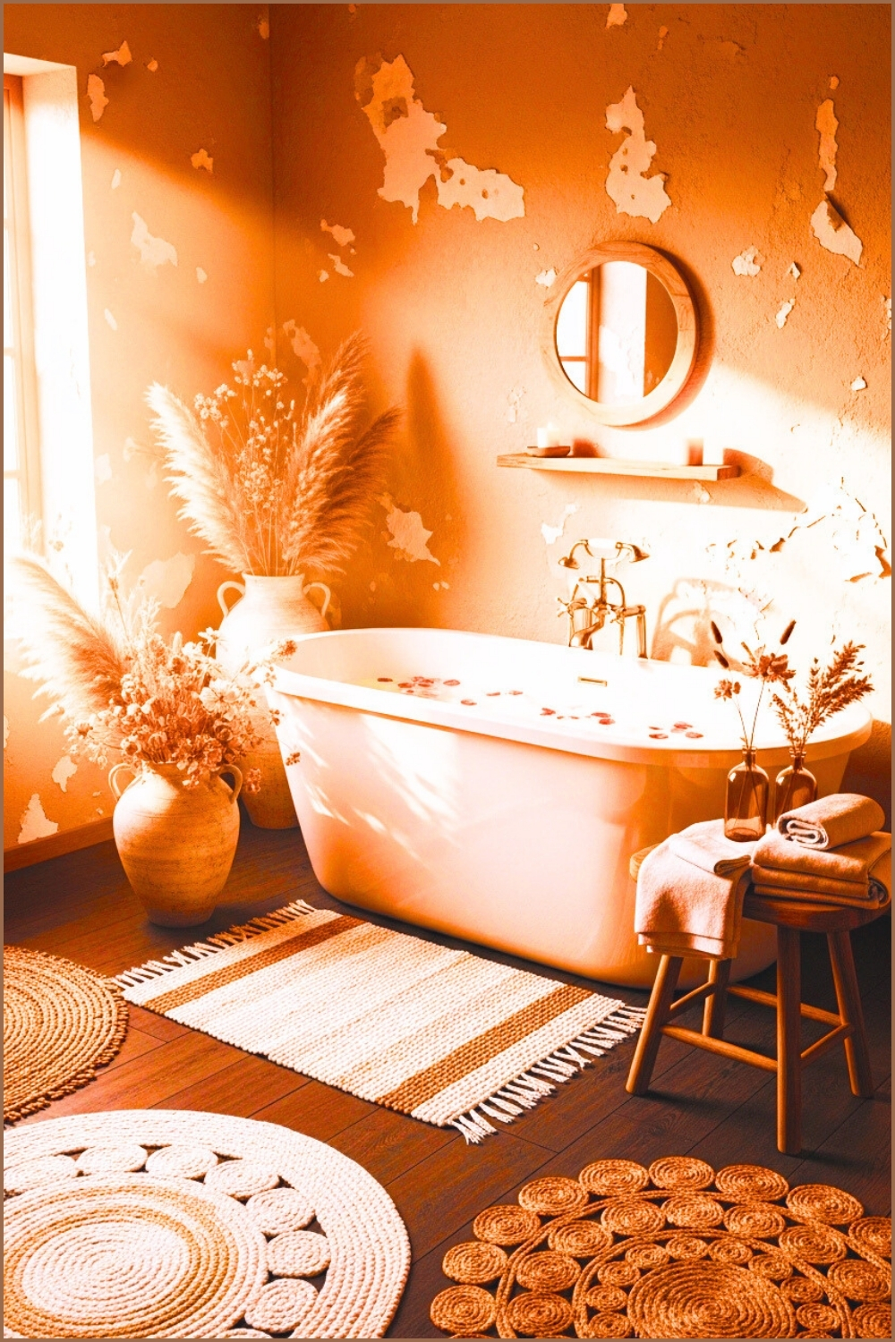 Cozy Rustic Bathroom With A Freestanding White Bathtub
