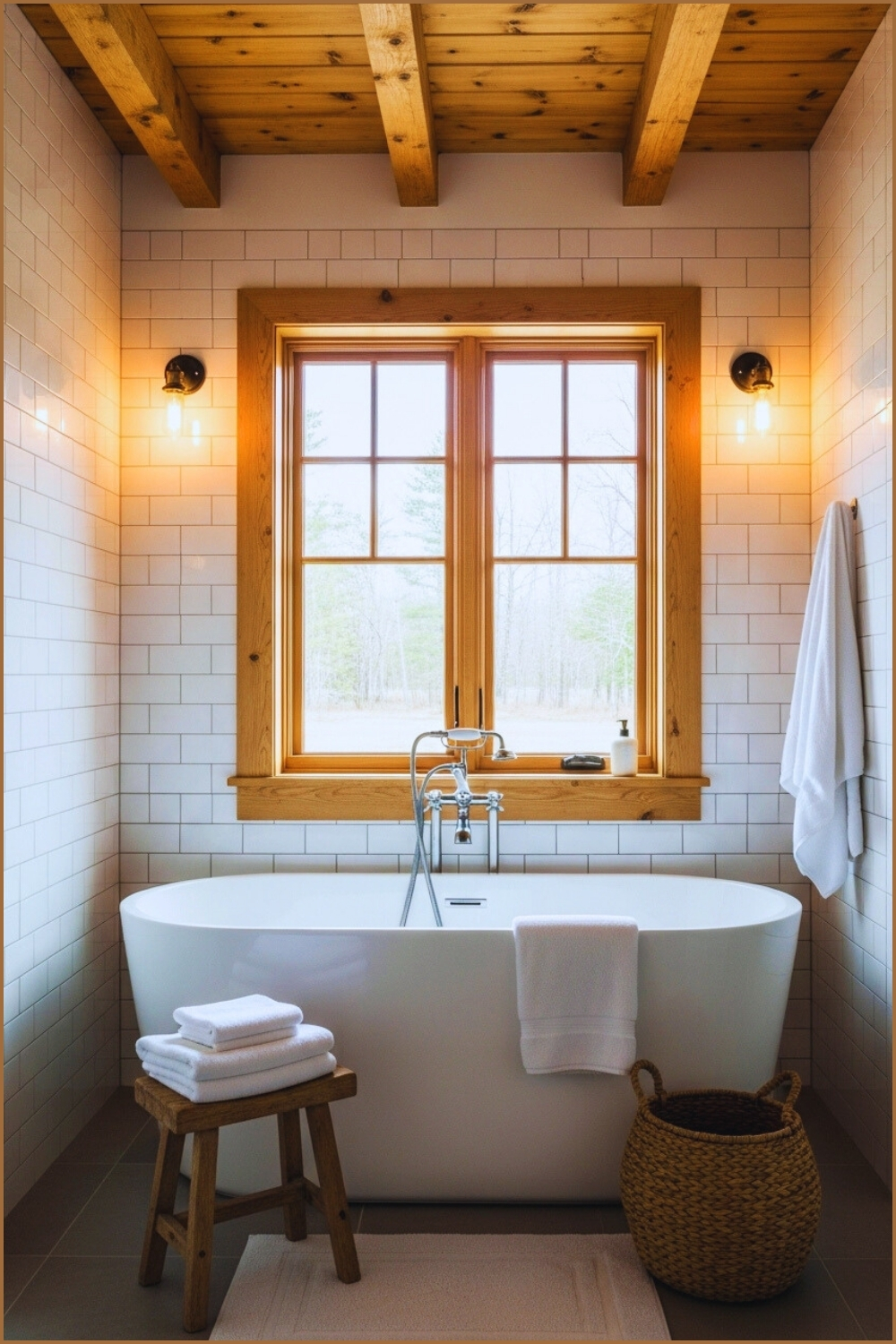 Cozy Rustic Bathroom With White Subway Tile Walls, Wooden Ceiling