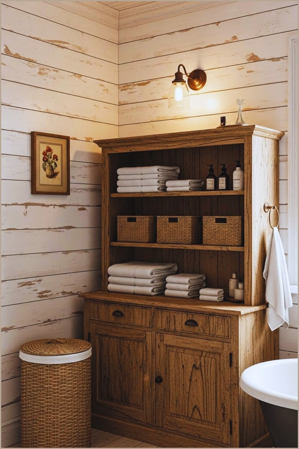 Cozy Rustic Farmhouse Bathroom With Distressed