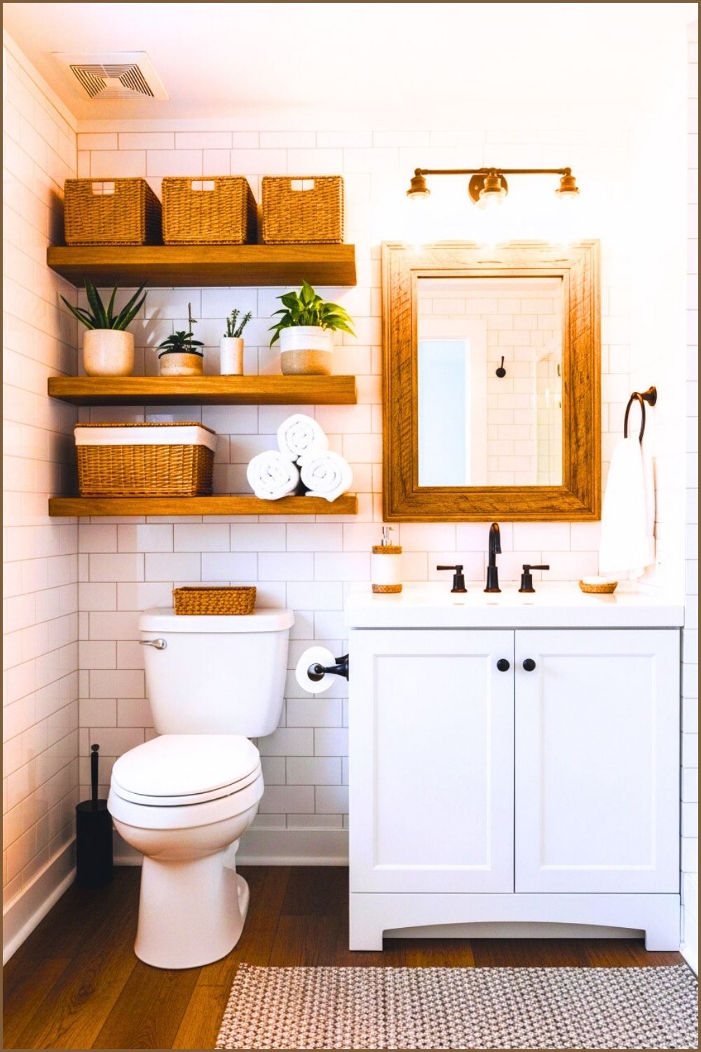 Cozy Rustic Farmhouse Bathroom With White Subway Tile Walls