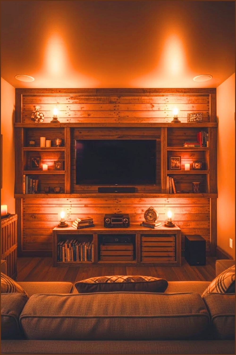 Cozy Rustic Home Theater Room Pallet Wood Feature Wall
