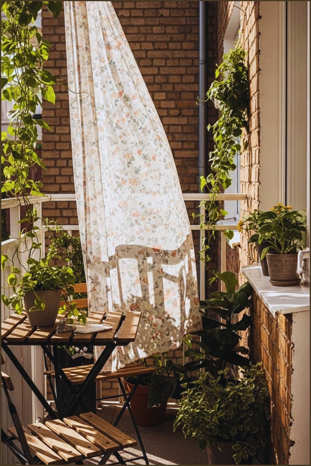 Cozy Small Apartment Balcony With Sheer Floral Curtain Blowing