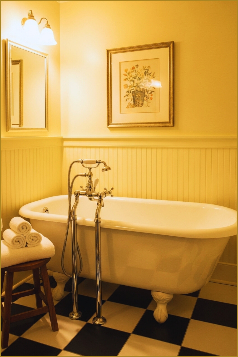 Cozy Small Bathroom With Soft Yellow Beadboard Walls