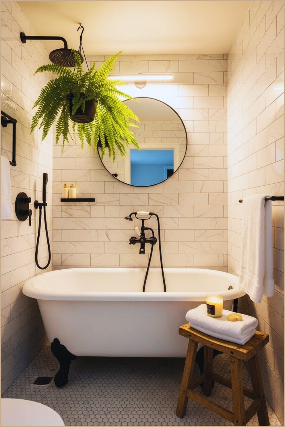 Cozy Small Bathroom With White Subway Tiles Featuring Gray Marble Veining