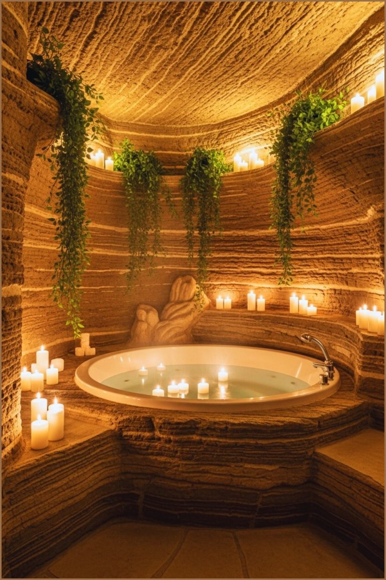 Cozy Spa Cave Bathroom Carved From Textured Stone