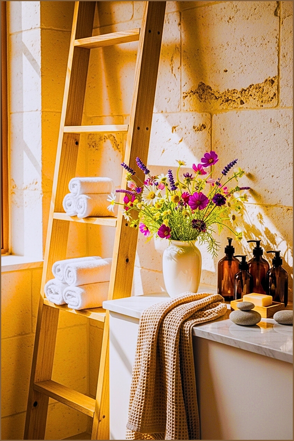 Cozy Spa Inspired Bathroom Corner With Warm Natural Sunlight