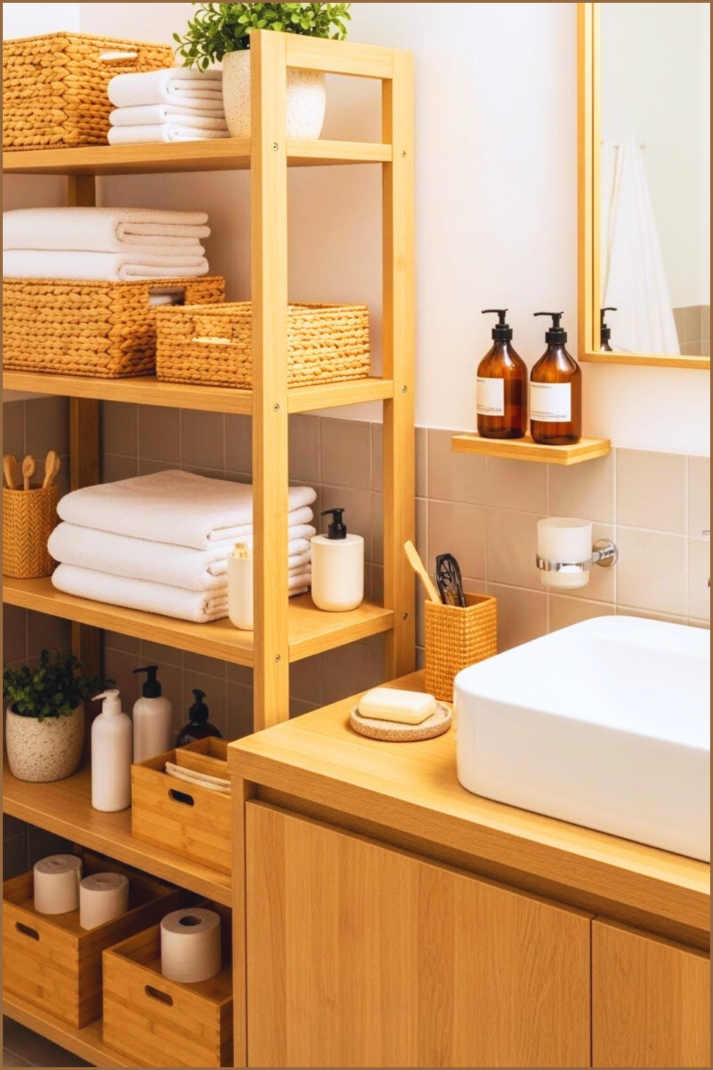 Cozy Spa Inspired Bathroom With Natural Wood Shelving