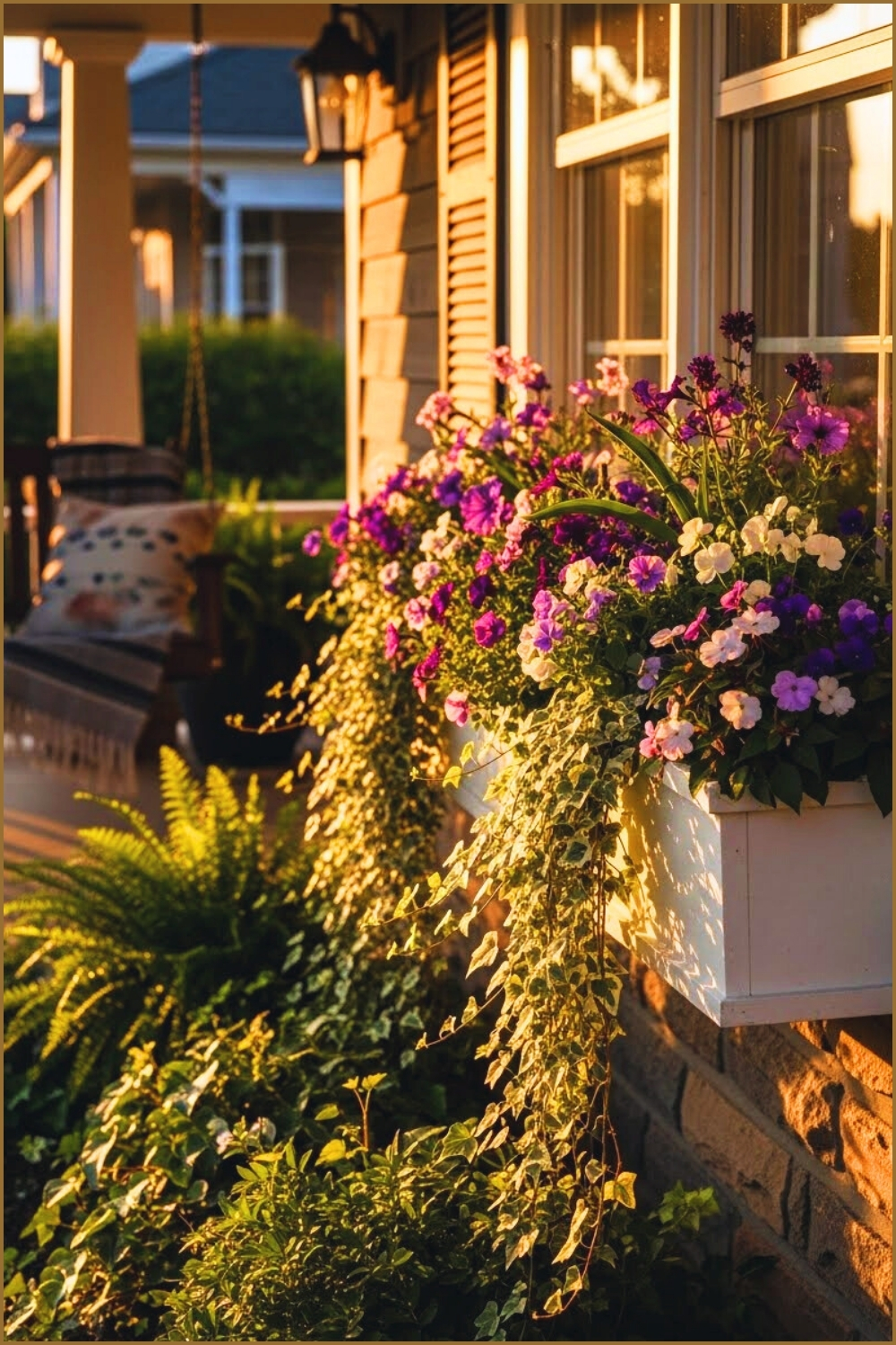 Cozy Suburban Porch Exterior At Golden Hour White Framed