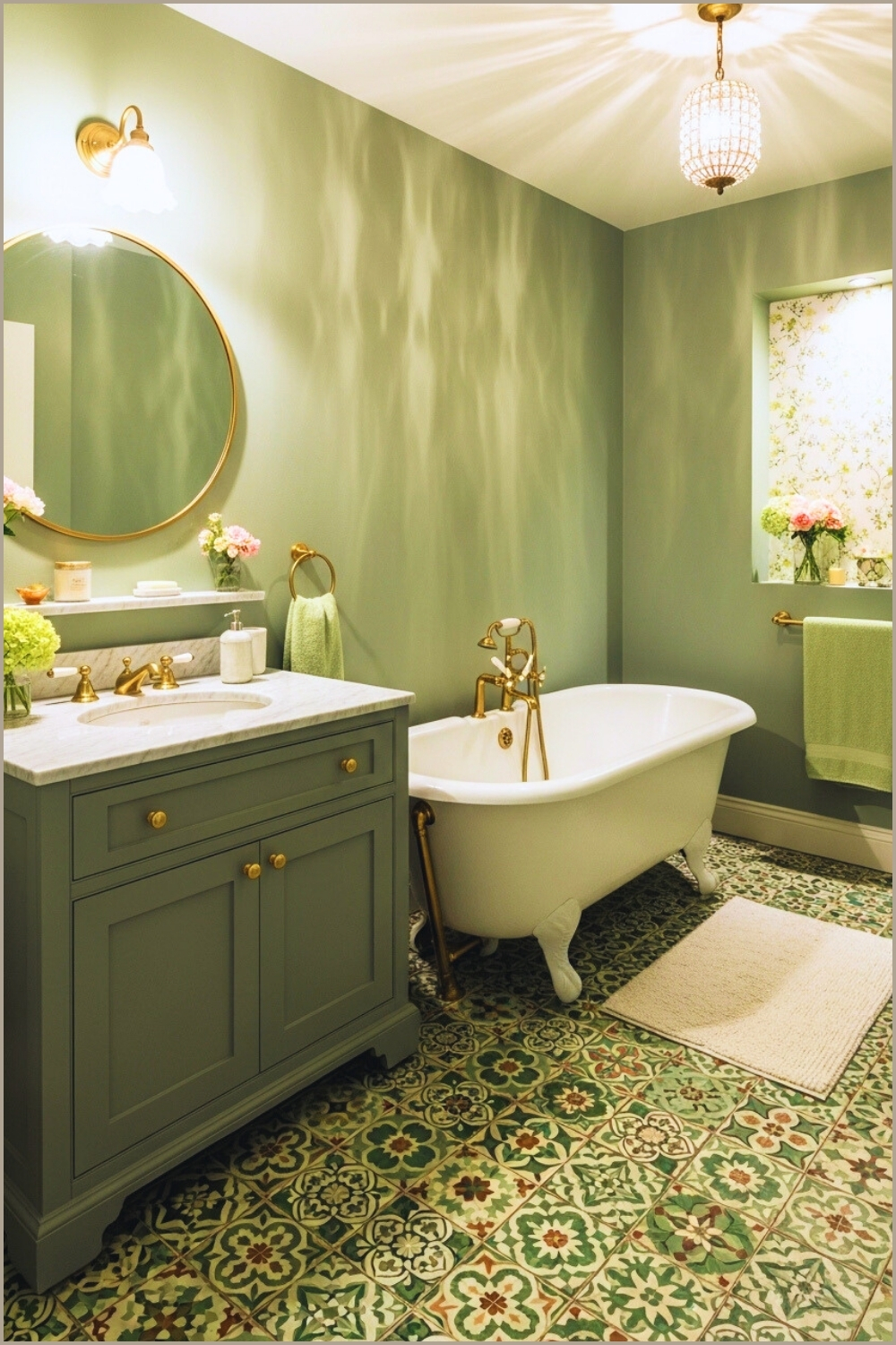 Cozy Vintage Bathroom, Sage Green Walls, Patterned Green