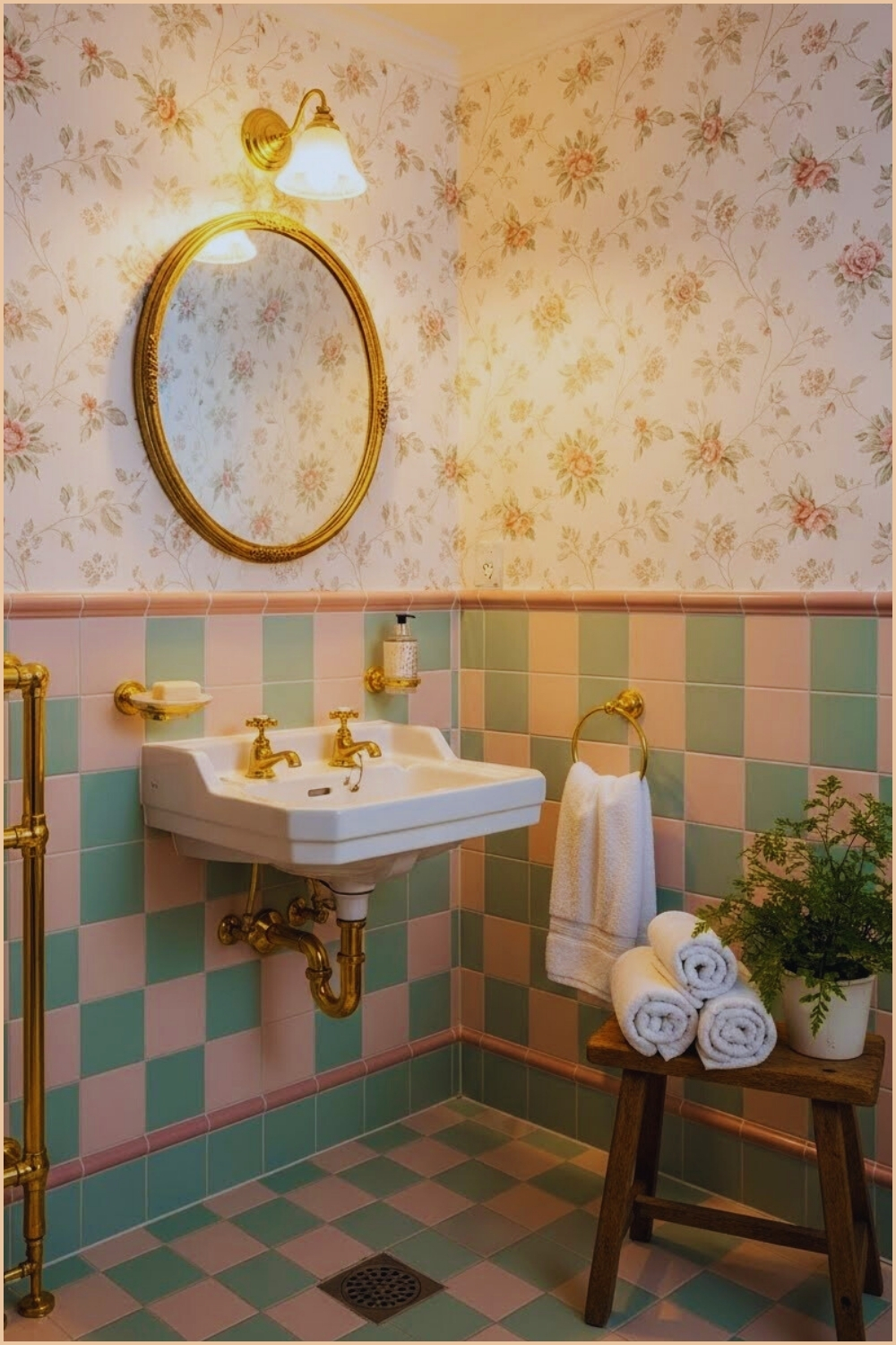 Cozy Vintage Bathroom With Floral Wallpaper Pastel Pink And Mint Green