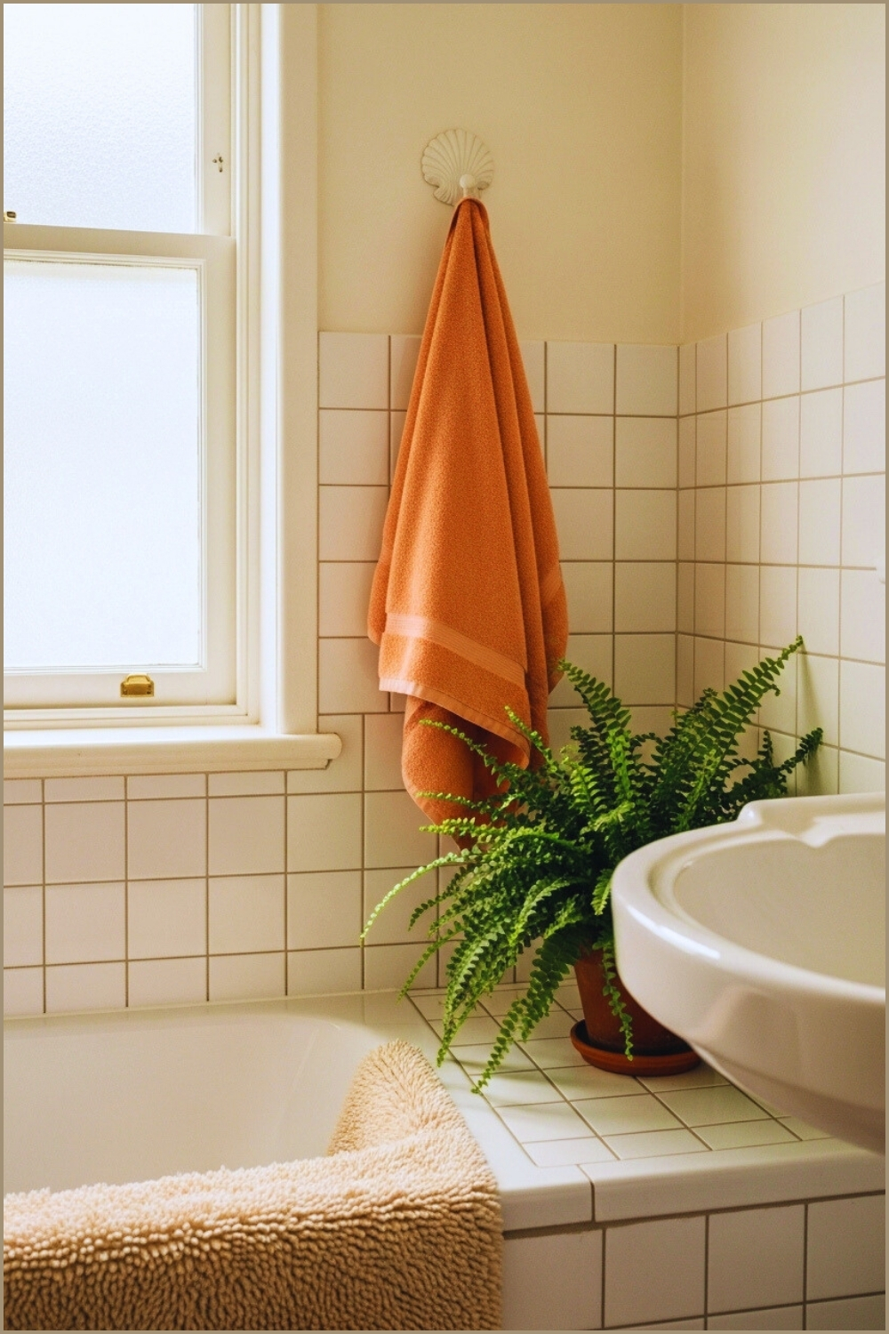Cozy Vintage Style Bathroom Corner With White Square Tiles