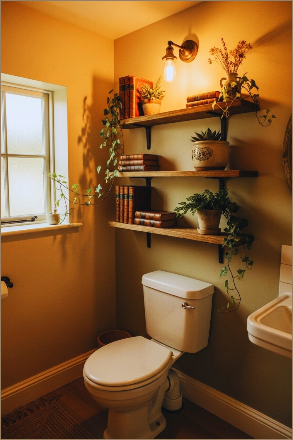 Cozy Vintage-inspired Bathroom With Wooden Floating Shelves