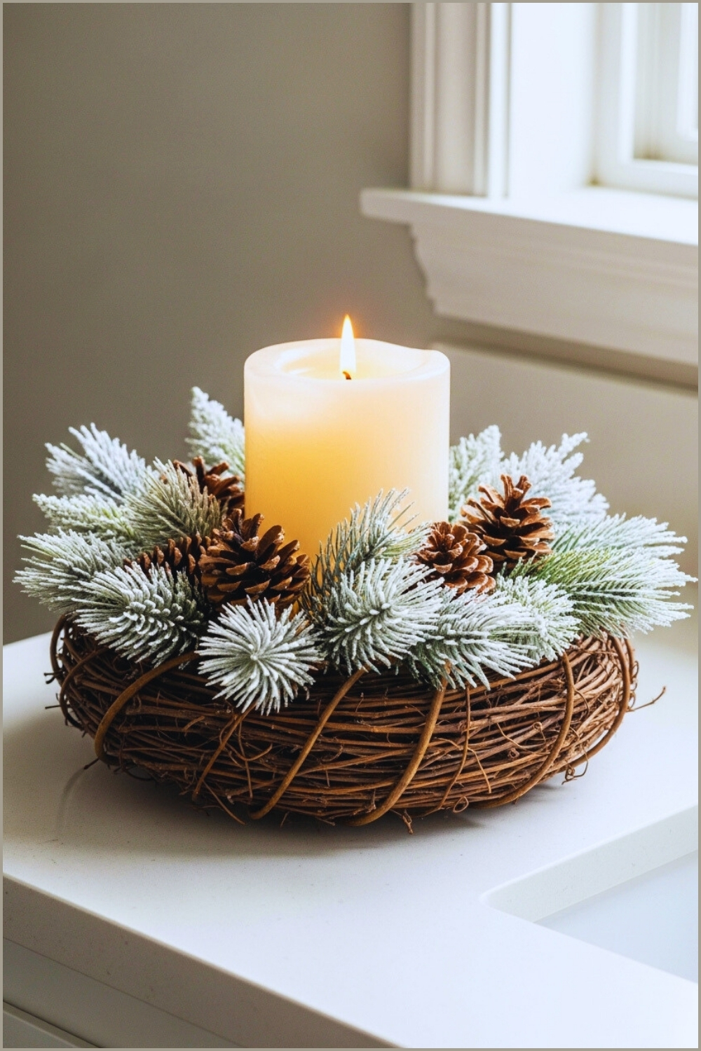 Cozy Winter Candle Centerpiece On A White Bathroom Counter