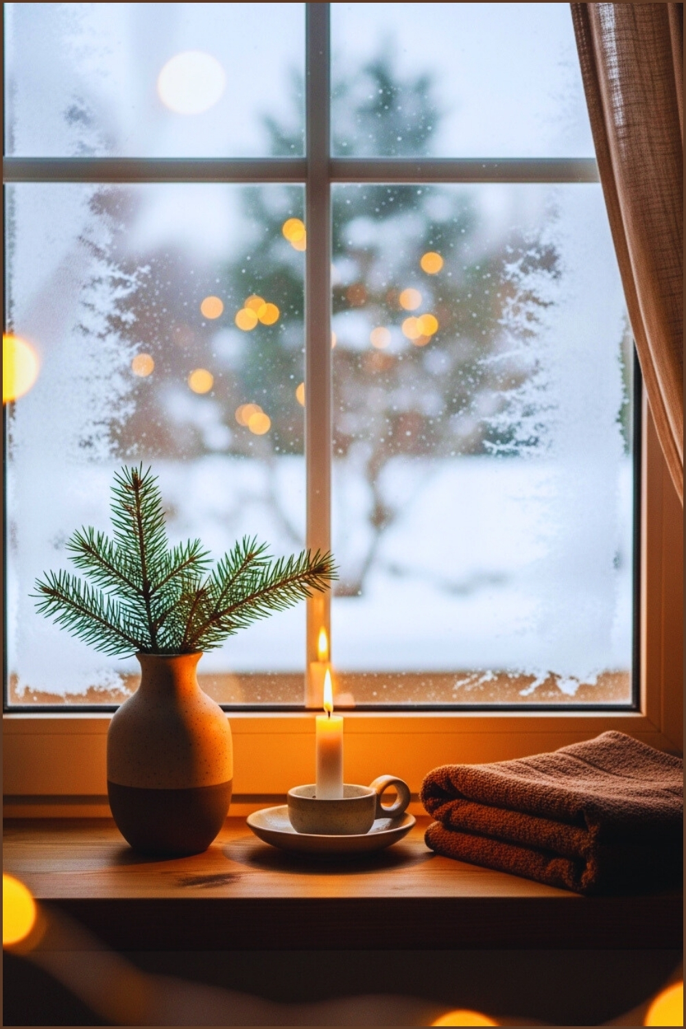 Cozy Winter Window Scene, Snowy Outdoor View, Warm Candle Lit Beside
