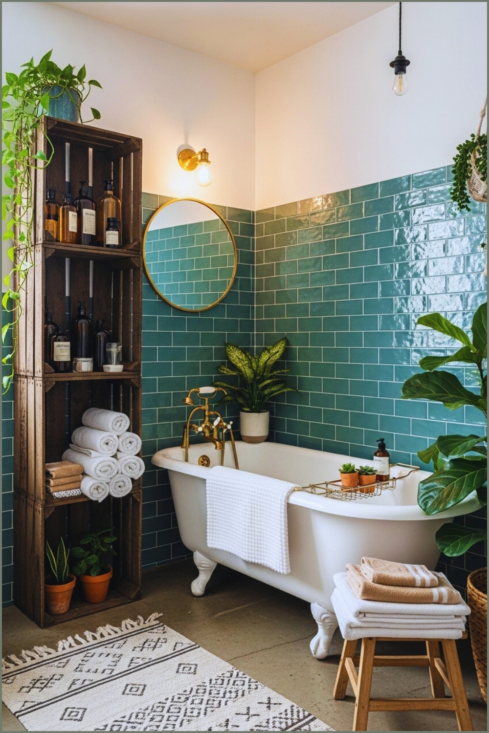 Creative Rustic Bathroom, Teal Ceramic Wall Tiles