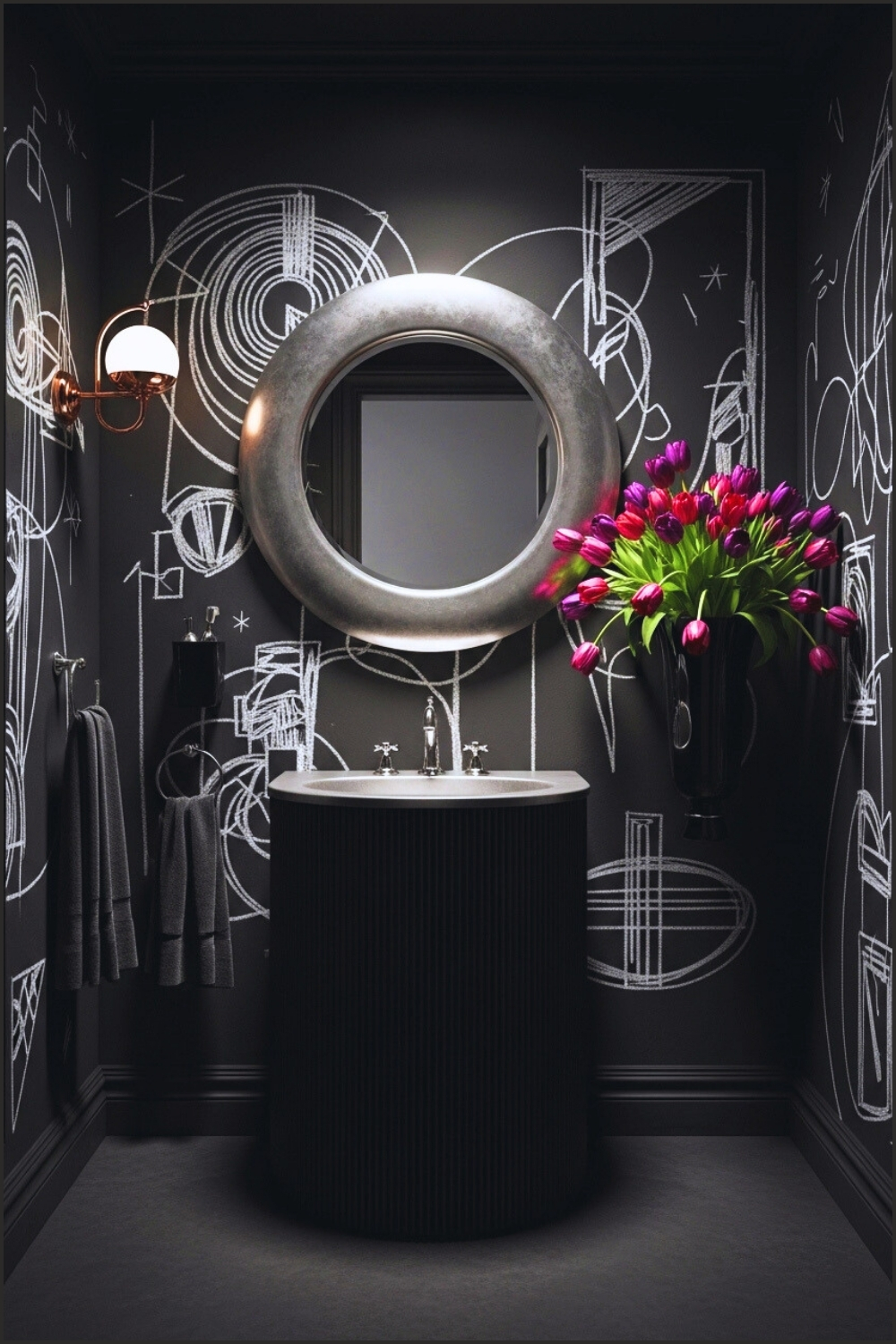 Dark Artistic Bathroom, Matte Black Walls With Chalk-like Abstract Drawings