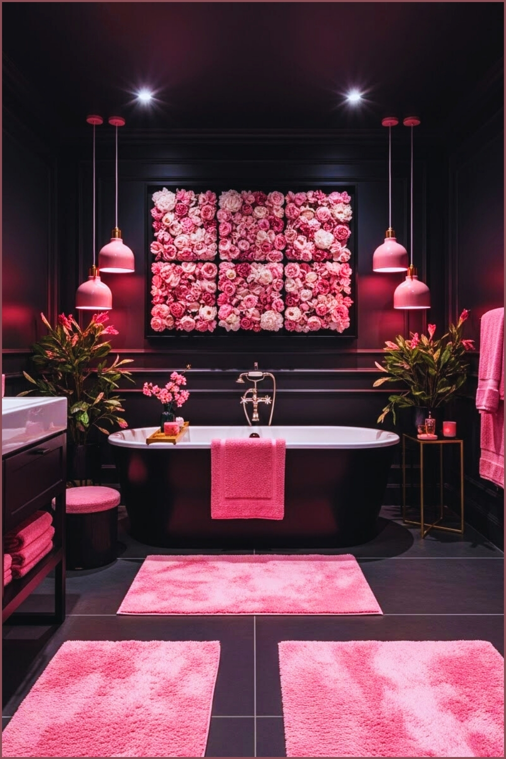 Dark Charcoal Black Bathroom With Large Pink Textured Rugs