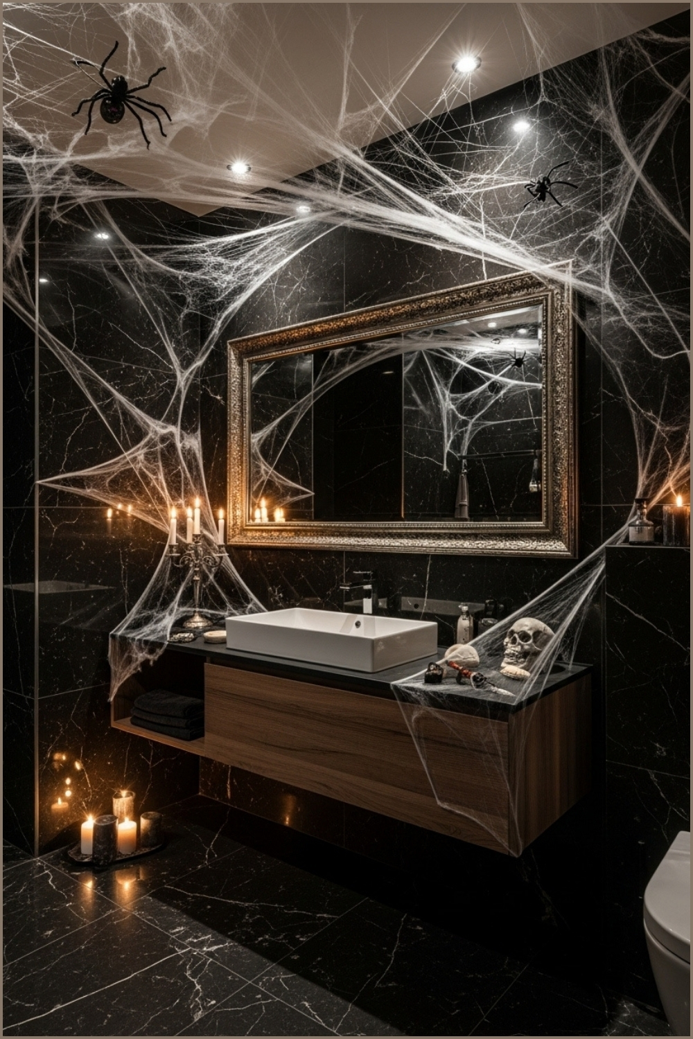 Dark Gothic Bathroom Filled With Dense Realistic Halloween Spiderwebs